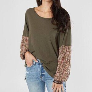 Free People Jade Long Sleeve Top Contrast Sleeve Army Green Boho Style Womens S